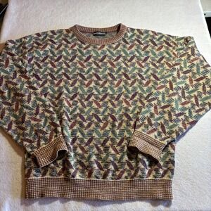 Bachrach Mens Sweater L Geometric Pattern Knit Long Sleeve Crewneck